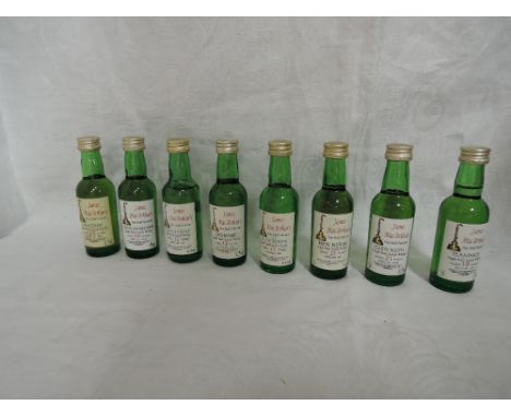 Eight James Mac Arthurs Single Malt Scotch Whisky Miniatures, Ben Nevis 27 year old 1963 54% vol, Macduff 25 year old 1969 52