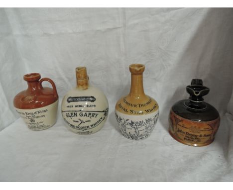 Four Antique Whisky Stoneware Flagons, Kennedy, Gilmour Thomson Royal Stag Whisky, Port Dundas, Glen Garry Very Old Scotch Wh