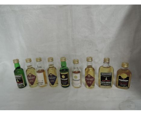 Nine Auchentoshan Single Malt Whisky Miniatures, all distillery own bottling, 22 year old 43% vol, 5 year old 43% vol, Pure M