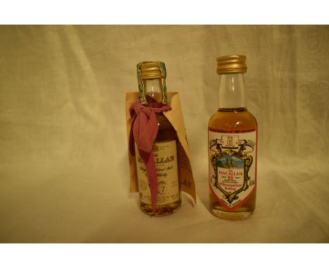 Two Macallan Single Highland Malt Scotch Whisky Miniature, 20 Year old mini bottle club, 46% vol and 7 Year Old Italian Impor