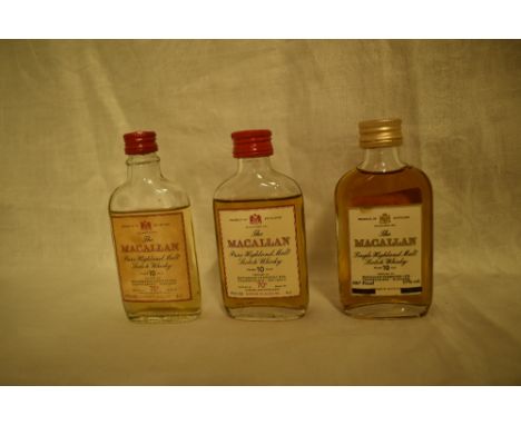 Three Macallan Pure and Single Highland Malt Scotch Whisky Miniature, 1970's 10 year olds 70 % proof 1 2/3 fl oz 4cl x2 and 1