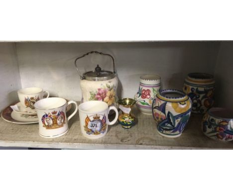 SHELF OF VINTAGE POOLE CHINA, FLORAL DECORATED BISCUIT BARREL &amp; COMMEMORATIVE WARE