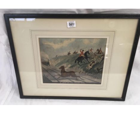 19THC COLOUR SPORTING PRINT OF A HUNTING SCENE ENTITLED ''A CHECK ON THE RAILWAY BANK'' WITH GALLERY LABEL TO REVERSE