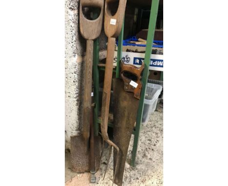 BRASS GARDEN SPRAY PUMP, FORK &amp; SPADE &amp; RIP SAW