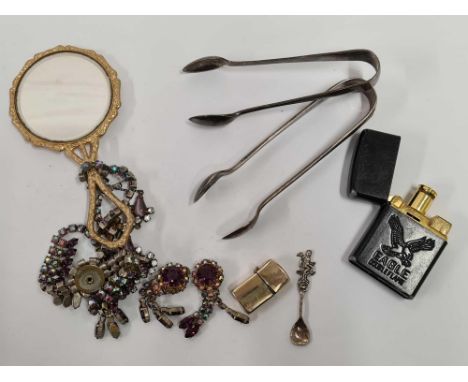 TUB OF MISC JEWELLERY INCL; 2 SUGAR TONGS &amp; A CIGARETTE LIGHTER