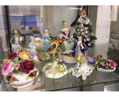 SHELF WITH OLD COUNTRY ROADS POSY, ROYAL ADDERLEY FIGURE OF BIRDS &amp; OTHER FIGURINES