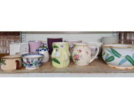 SHELF OF VARIOUS PLANTERS &amp; JUGS INCL; CHAMBER POT