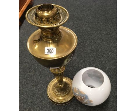 BRASS OIL LAMP WITH DECORATIVE GLASS SHADE, NO CHIMNEY