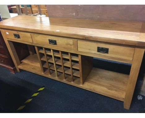 LIGHT OAK SIDEBOARD WITH 3 DRAWERS &amp; BUILT-IN WINE RACK FOR 20 BOTTLES, 6fT LONG X 18'' DEEP