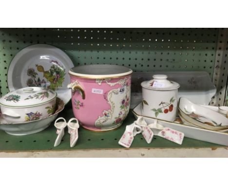 SHELF OF ROYAL WORCESTER OVEN TO TABLEWARE, PINK FLORAL JARDINIERE, CRACKED ETC