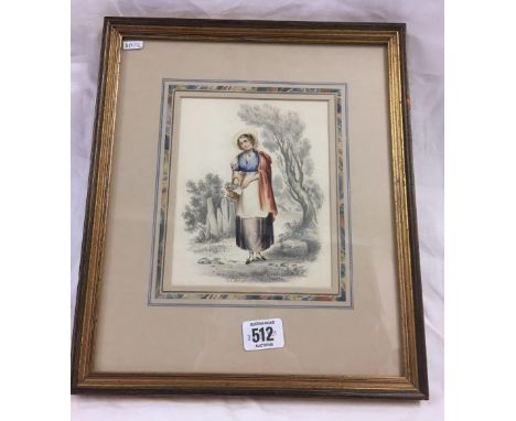 FINE EARLY 19THC PENCIL AND WATERCOLOUR PORTRAIT OF A YOUNG LADY WITH A BASKET OF FLOWERS. INDISTINCTLY SIGNED