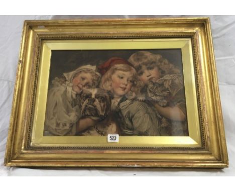 LATE 19THC PORTRAIT OF 3 GIRLS, A DOG AND A KITTEN, INDISTINCTLY SIGNED IN AN OLD GILT FRAME. [PRINT?]