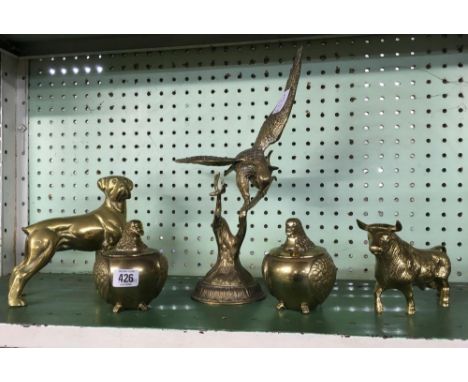 SHELF OF HEAVY CAST BRASS FIGURES INCL; EAGLE, BOXER DOG, BULL ETC