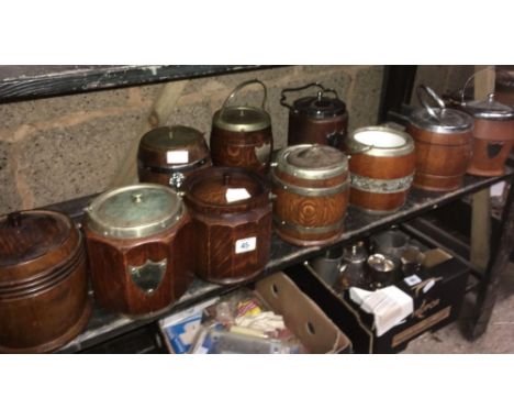 SHELF WITH 10 METAL &amp; OAK BISCUIT BARRELS