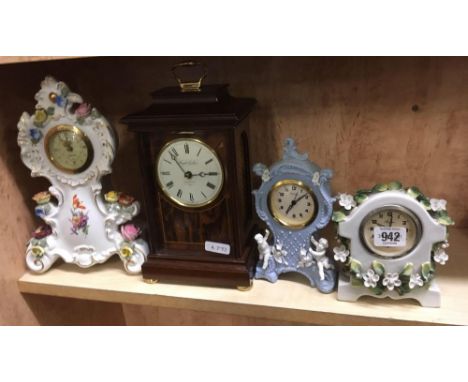 MODERN MANTLE CLOCK BY KNIGHT &amp; GIBBONS, LONDON  &amp; 2 PORCELAIN &amp; 1 WEDGWOOD STYLE CLOCKS