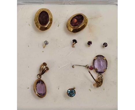 TWO PAIRS OF AMETHYST EAR PENDANT SETS IN GOLD (UNMARKED)