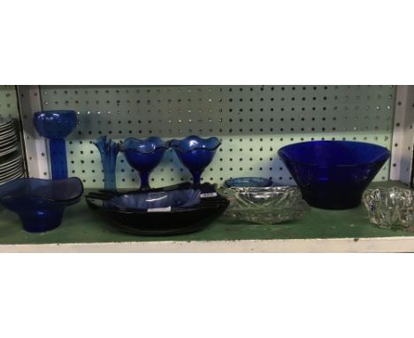 SHELF OF MAINLY BLUE STUDIO GLASSWARE