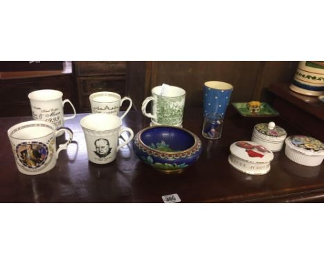 SHELF OF COMMEMORATIVE MUGS, PIN DISHES ETC &amp; A CLOISONNE ENAMEL BOWL