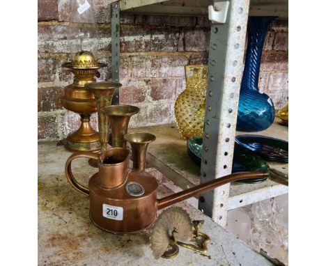 BRASS &amp; COPPER MODERN OIL LAMP, 3 GRADUATED BRASS VASES, SMALL COPPER WATERING CAN &amp; 2 BRASS ORNAMENTS