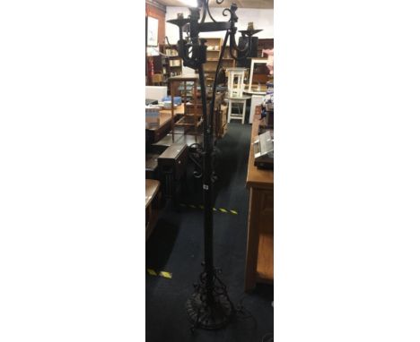 WROUGHT IRON THREE BRANCH LAMP STANDARD, A/F