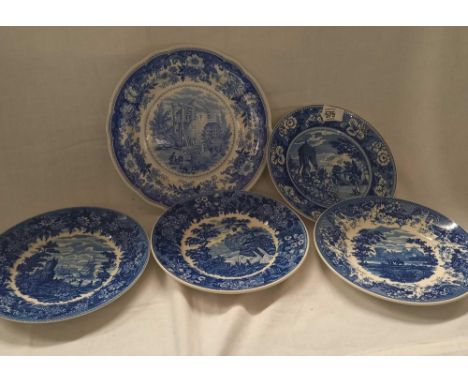 4 WEDGWOOD BLUE &amp; WHITE PLATES &amp; A SPODE BLUE &amp; WHITE