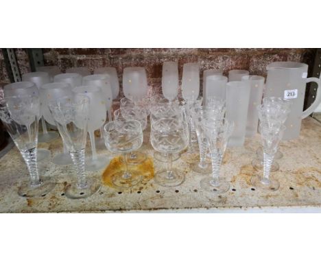 SHELF WITH OPAQUE DRINKING GLASSES &amp; JUG &amp; VARIOUS OTHER GLASS