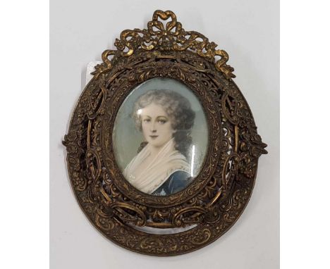 PORTRAIT OF A WOMEN IN BRASS FILIGREE EASEL STAND