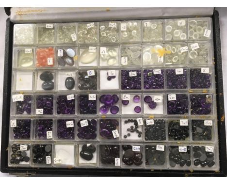 BOX OF MOONSTONE, AMETHYST &amp; OTHER CABOUCHON GEMSTONES