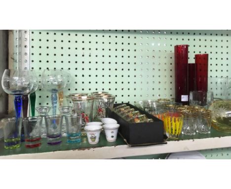 SHELF OF CRYSTAL &amp; OTHER GLASSWARE INCL; RETRO GOBLETS,WINE GLASSES ETC