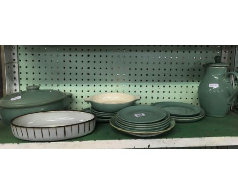 SHELF OF DENBY WARE INCL; COFFEE POT, CASSEROLE, PLATES ETC