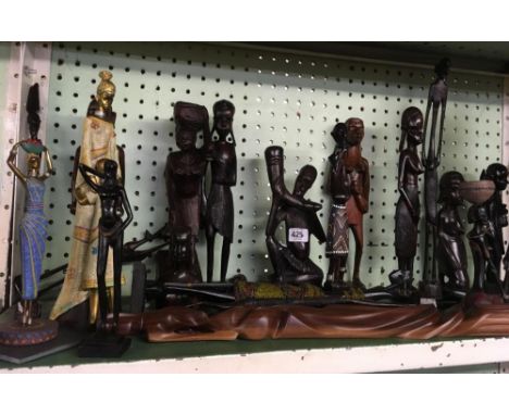 SHELF OF HARDWOOD CARVED ETHNIC FIGURES &amp; OTHERS