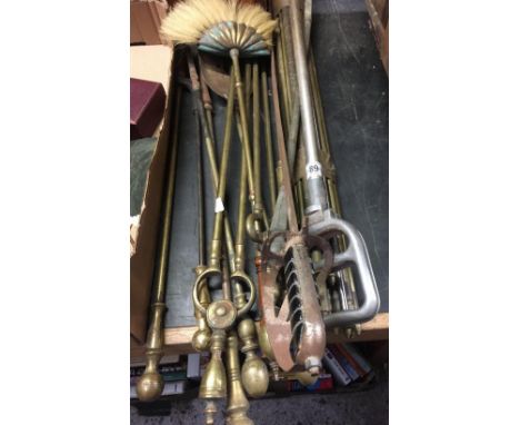QTY OF BRASS FIRESIDE TOOLS, A COPY SWORD, SHOOTING STICK &amp; BRASS STAIR RODS