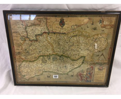 ANTIQUE MAP PRINT, WITH HAND COLOURING AND GILDING, OF KENT &amp; SUSSEX WITH PARTS OF OTHER COUNTIES INCLUDING HERTFORD, BUC