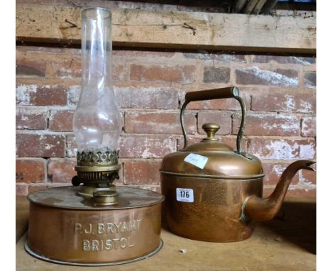 COPPER KETTLE &amp; A COPPER OIL LAMP WITH 2 WICKS MADE IN BRISTOL BY P.J BRYANT