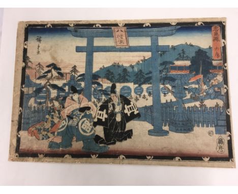 EARLY 19THC COLOURED JAPANESE WOODBLOCK PRINT, INSCRIBED ON THE REVERSE ''CUSHINGURA HIROSHIGE'' 1797-1858. UNFRAMED