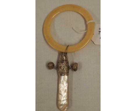 A VICTORIAN SILVER MOUNTED RATTLE / WHISTLE WITH TEETHING RING, B'HAM 1897