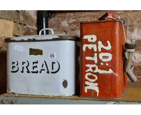 WHITE ENAMEL BREAD BIN, WITH CHIPS &amp; A RED METAL PAINTED PETROL CAN