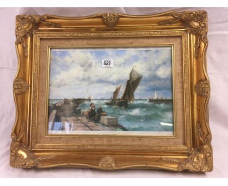 COLOURED MARINE PRINT ENTITLED ''THE FISHERMEN'S RETURN'', SIGNED.  IN GOOD GILT FRAME