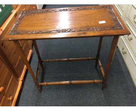 CARVED LIGHT OAK HALL TABLE, TURNED LEGS &amp; STRETCHERS