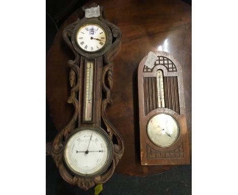 CARVED WOODEN BAROMETER / THERMOMETER CLOCK &amp; ANOTHER CARVED WOODEN BAROMETER