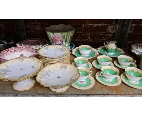 SHELF WITH LIMOGES PLATES &amp; CAKE STANDS, CUPS&nbsp; BY CRESCENT, MASON WARE &amp; A CRESCENT JARDINIERE