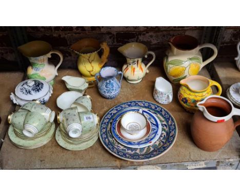 SHELF OF VARIOUS JUGS, CUPS &amp; SAUCERS BY LAWLEYS, PHILIPS PLANT PATTERN &amp; PLATES