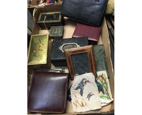 CARTON WITH BLACK LEATHER HANDBAG, TRINKET BOXES, SMALL SILK EMBROIDERED PANELS OF BIRDS
