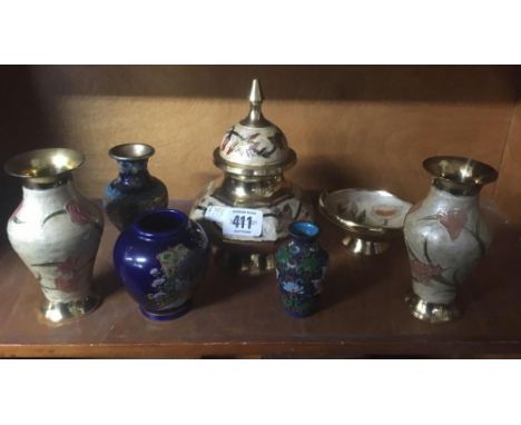 SHELF OF CLOISONNE ENAMEL VASES, BOWLS ETC