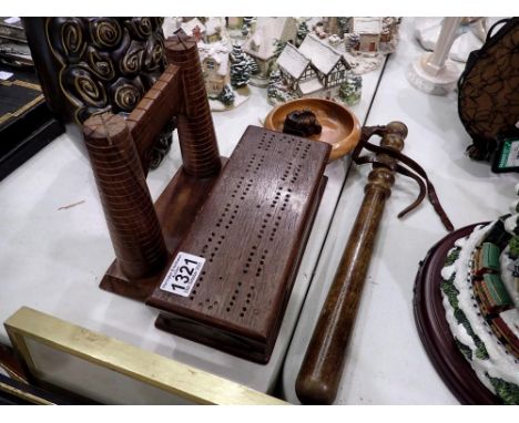 Mixed treen, truncheon cribbage board bowl and a musical frog. Not available for in-house P&amp;P 