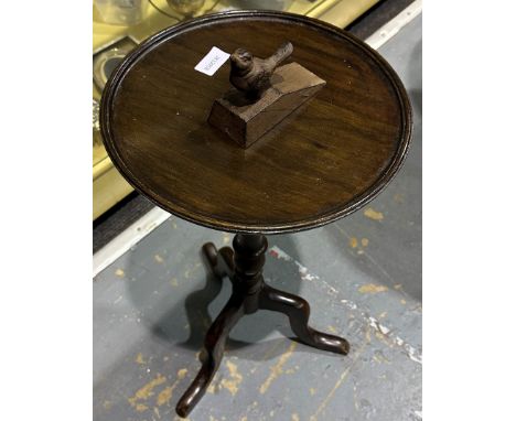 Mahogany tripod table and a metal bird door stop. Not available for in house P&amp;P. 