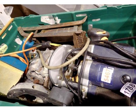 Crate of tools including a router. All electrical items in this lot have been PAT tested for safety and have passed. This doe