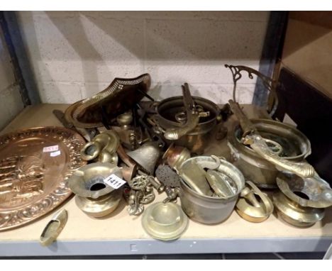 Shelf of mixed brass and copper. Not available for in-house P&amp;P 