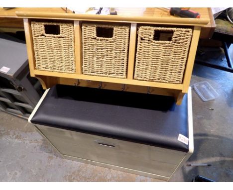 Leather topped fall front stool and pine wall shelf. Not available for in-house P&amp;P 