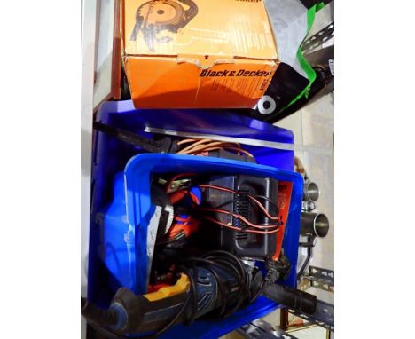 Box of power tools, battery charger and further box of garden spot lights. Not available for in-house P&amp;P 